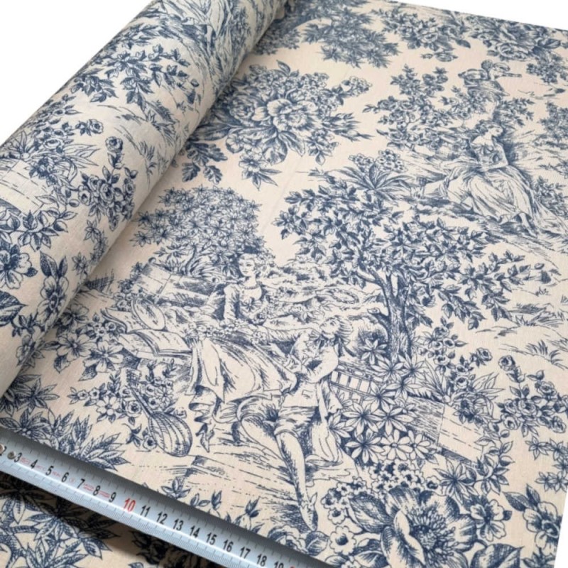 Tela resinada anti-manchas toile de jouy azul