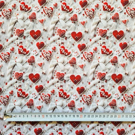 Algodón Estampado 3D I LOVE TELAS Corazón Tricot Blanco y Perlas al metro
