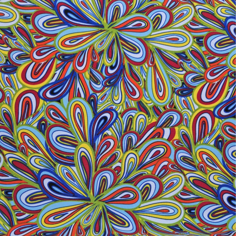 Strech estampado con flores psicodelicas de colores vivos, naranjas, verdes, azules...