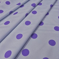 Tela lunares flamencos base lavandin con lunares malva