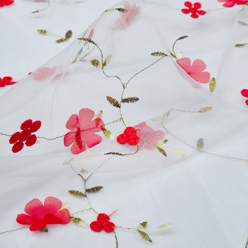 Tulle ricamato floreale bianco/rosso