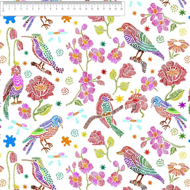 Algodón estampado animales Pajaros LIne Art